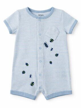 NWT Carter’s Baby Boy Romper 6 Months Blue Striped Bug Pocket Short Sleeve